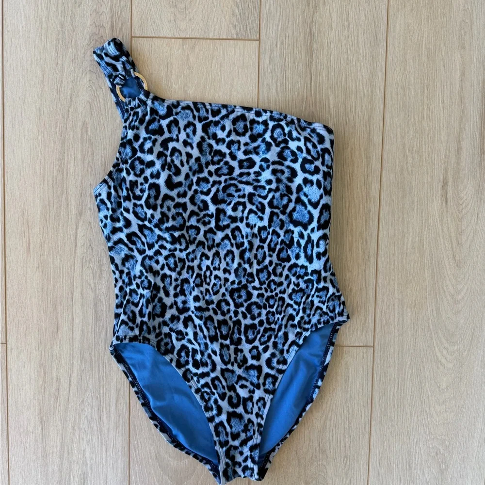 Michael Kors One-Shoulder Blue Leopard One-Piece Swimsuit
